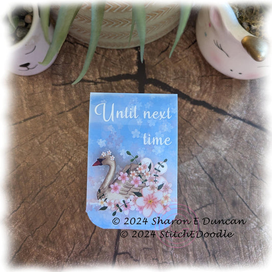 Elegant Swan with Floral Bouquet Double sided Laminated Magnetic Bookmark.  'Until next time' Original digital painting by Sharon Duncan.