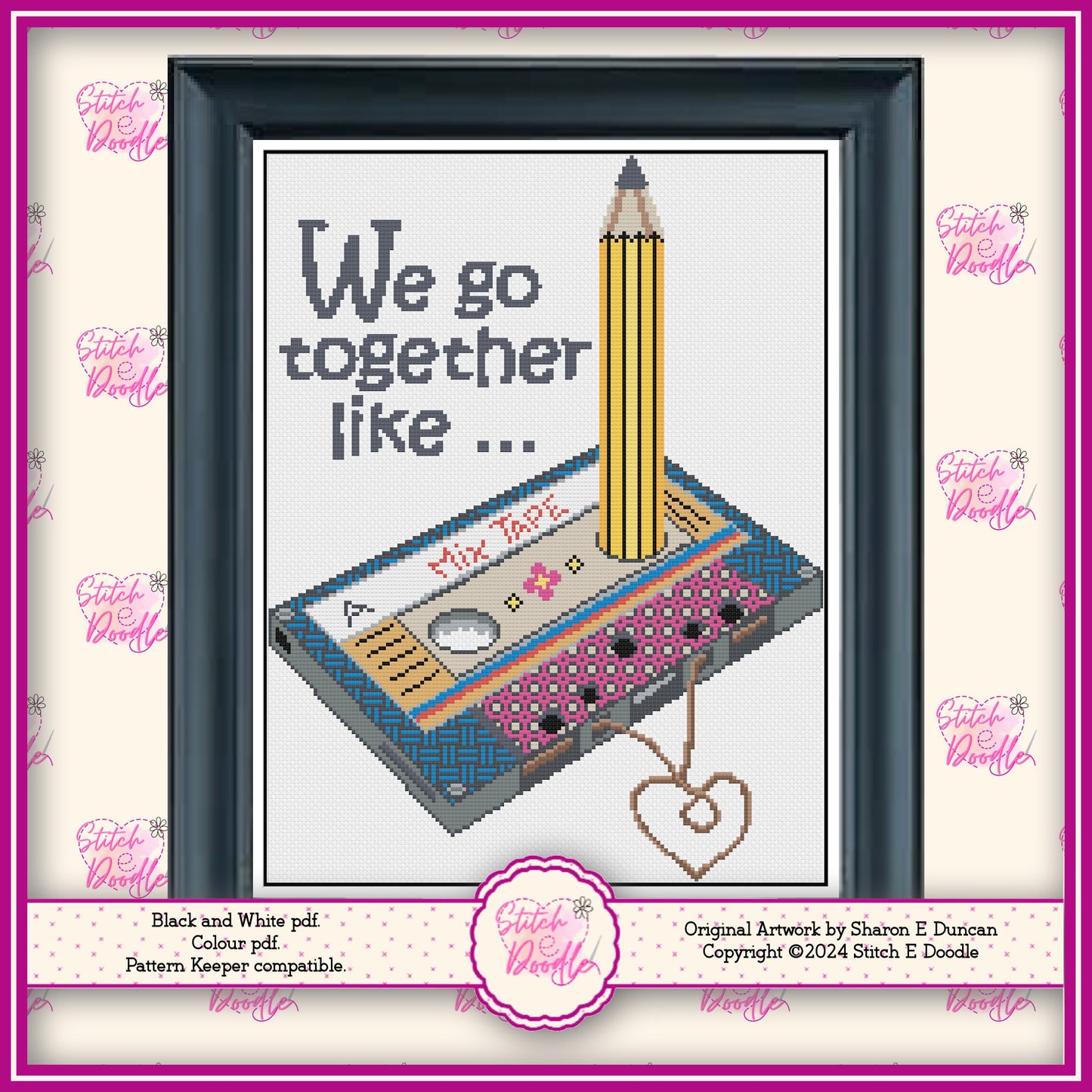 80's Music Cassette and Pencil Comical Cross Stitch Chart. PDF and Pattern Keeper. DMC floss. Includes printable tracker.  Instant Download.