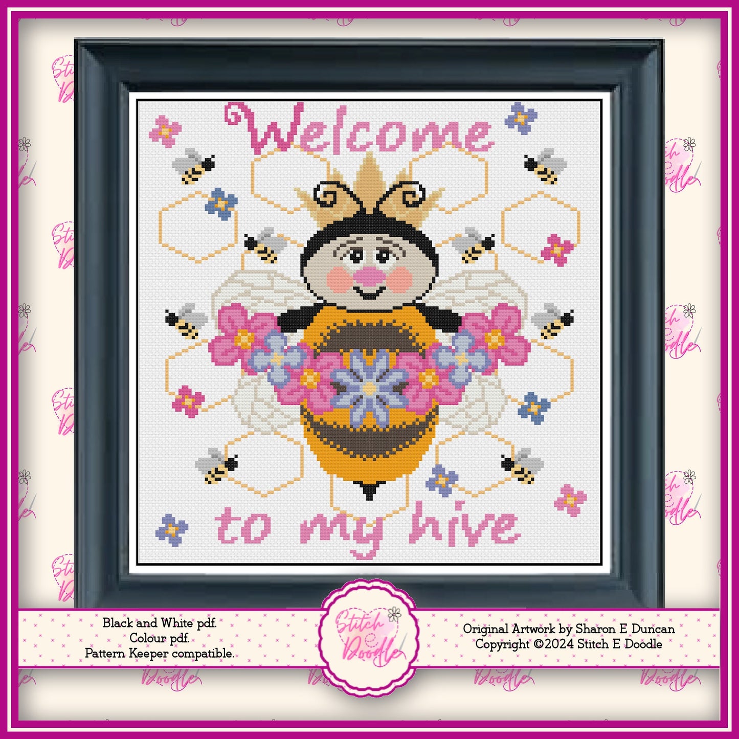 Queen Bee Welcome to my Hive Cross Stitch Chart. PDF and Pattern Keeper. DMC floss. Includes printable tracker.  Instant Download.