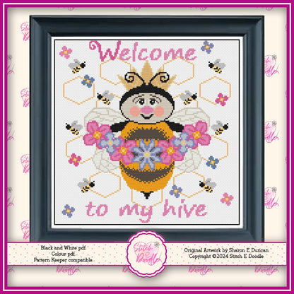 Queen Bee Welcome to my Hive Cross Stitch Chart. PDF and Pattern Keeper. DMC floss. Includes printable tracker.  Instant Download.