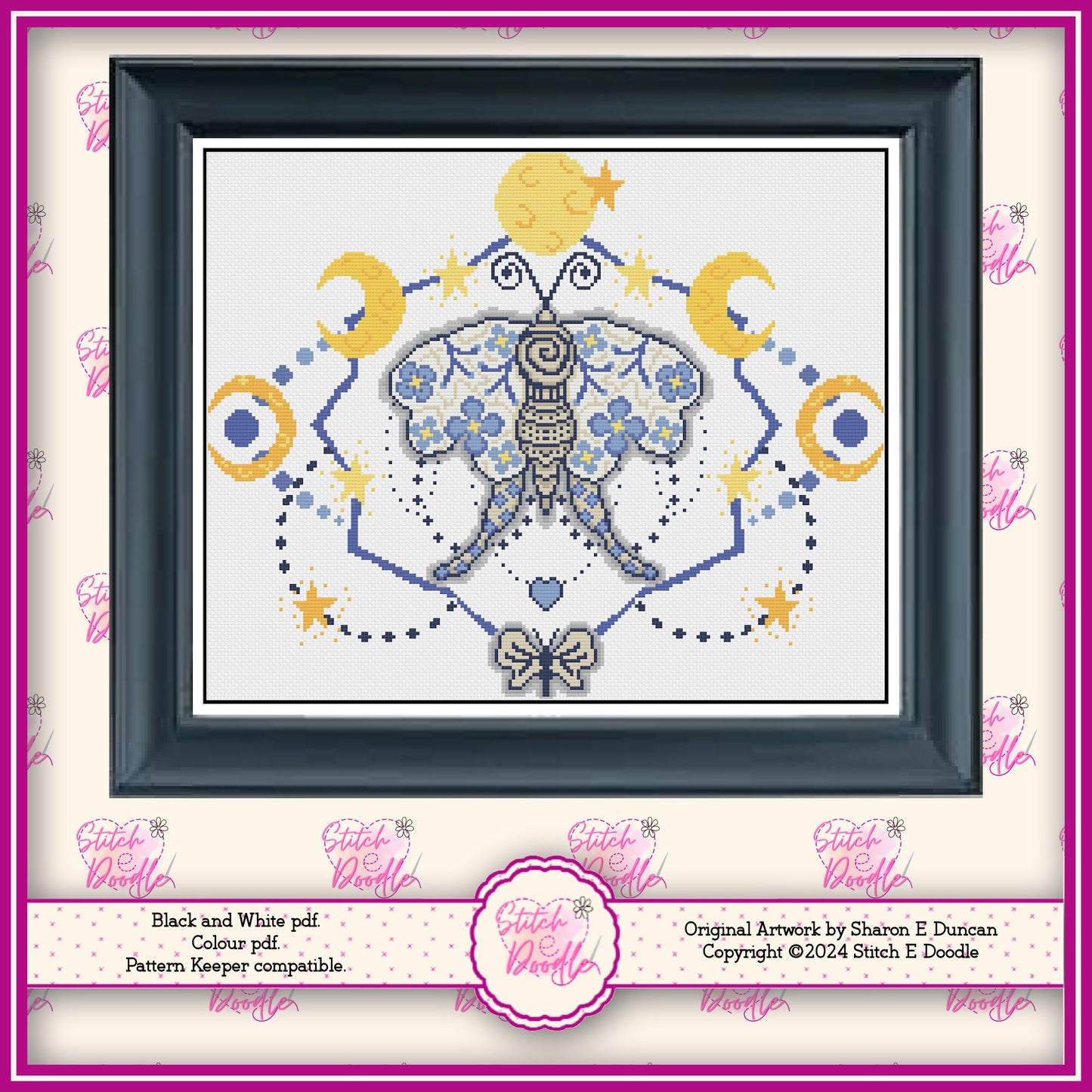 Lunar Moth Mystical Cross Stitch Chart.  PDF and Pattern Keeper.  DMC floss.  Includes printable tracker.  Instant Download.