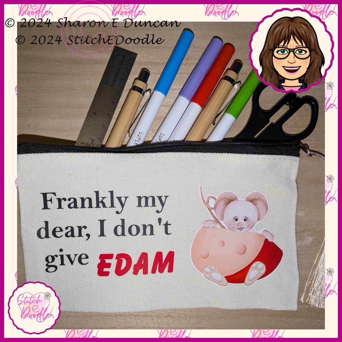 Secret Santa, Pencil case, Make up bag, Coin purse etc with tassel.  'Frankly my dear, I don't give Edam'. Original artwork by Sharon Duncan