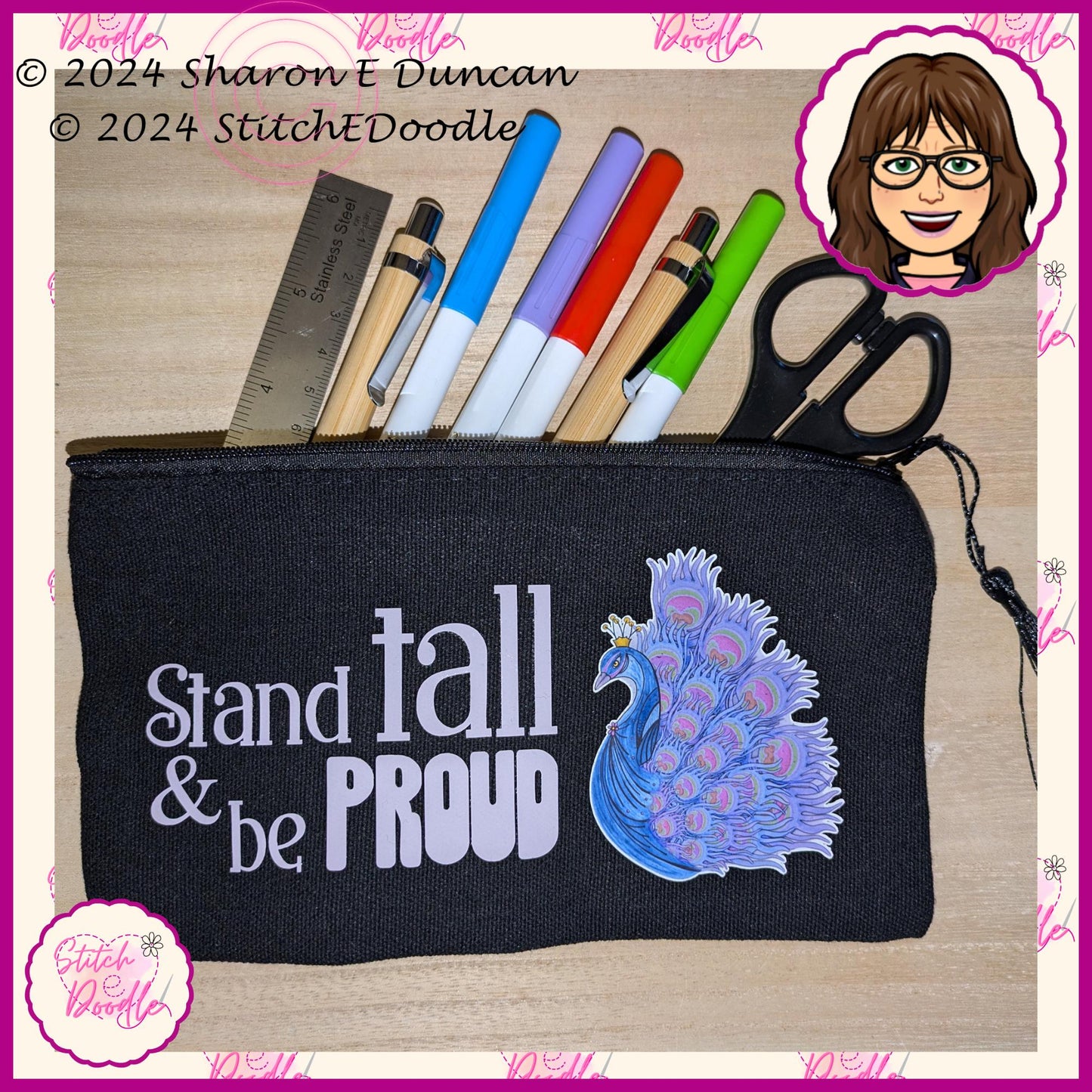 Secret Santa, Pencil case, Make up bag, coin purse,  etc with tassel. 'Stand tall and be Proud'. Original artwork by Sharon Duncan