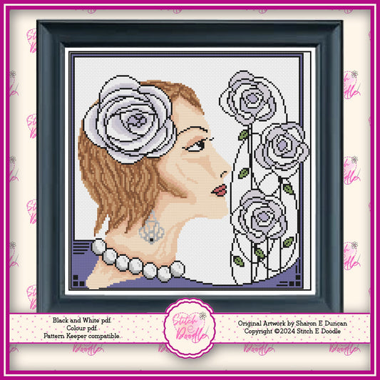 Nouveau Rose Deco Style Cross Stitch Chart.  White Rose. PDF and Pattern Keeper.  DMC floss.  Includes printable tracker. Instant Download.