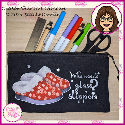 Secret Santa, Pencil case, Make up bag, etc with tassel. 'Who needs glass slippers? Chocolate understands'.Original artwork by Sharon Duncan