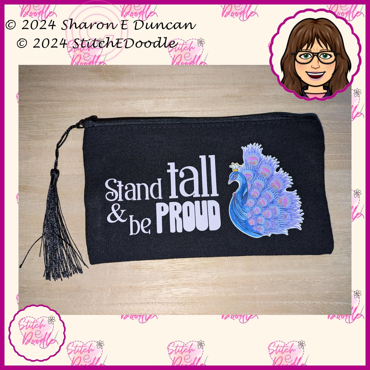 Secret Santa, Pencil case, Make up bag, coin purse,  etc with tassel. 'Stand tall and be Proud'. Original artwork by Sharon Duncan