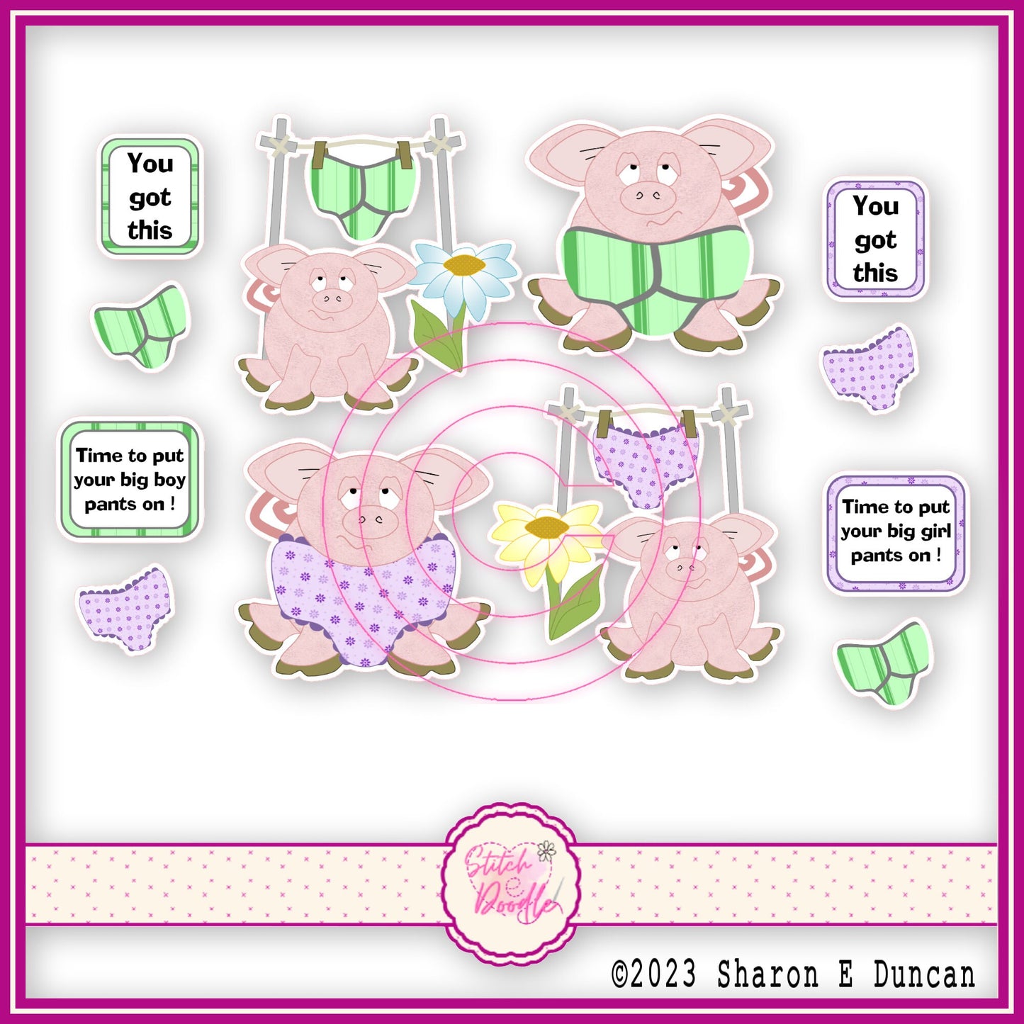 PIG TALES - Pigs in Pants Glossy Vinyl Sticker Packs. 12 stickers per pack.  Cute, Funny and Durable. Decorate journals, planners & more..