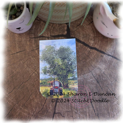 Little Red Tractor Double sided Laminated Magnetic Bookmark.  Original painting by Kenneth Duncan.  Digitally enhanced by Sharon Duncan