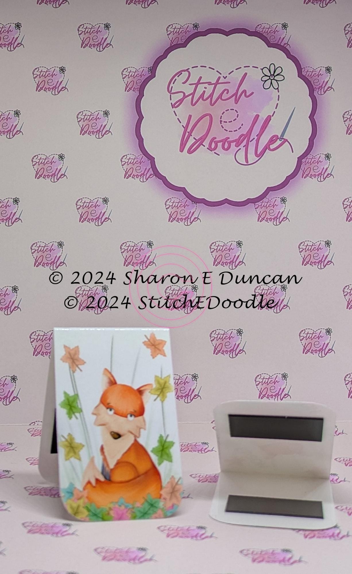 Pretty Fox Vixen with Autumn Leaves Tree Double sided Laminated Magnetic Bookmark.  Original digital painting by Sharon Duncan.