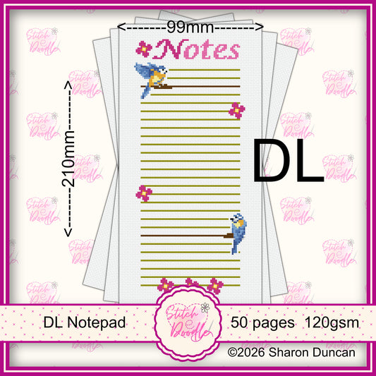 Cross Stitch Themed Notepad - Blue-tit Garden - *FREE* Birdhouse Chart included