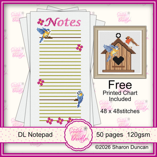 Cross Stitch Themed Notepad - Blue-tit Garden - *FREE* Birdhouse Chart included