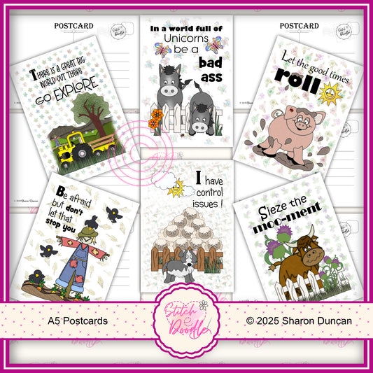 A5 Art Print/Postcard 6 Piece Collection - Farmyard Friends Messages