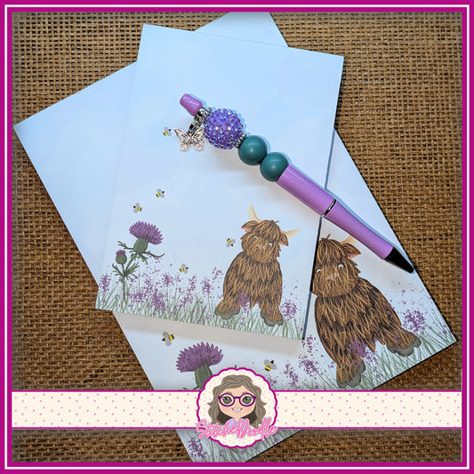 Hamish the Highland Cow - Notepads and Handmade Beaded Pen stationery set