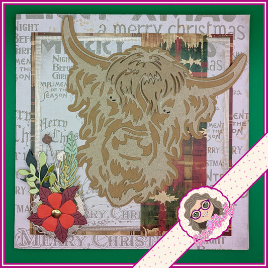Highland Cow Handmade Christmas Card with embellishments - Large 7" x 7" card and envelope (hc01)
