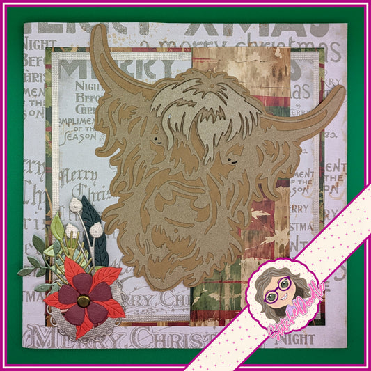 Highland Cow Handmade Christmas Card with embellishments - Large 7" x 7" card and envelope (hc02)