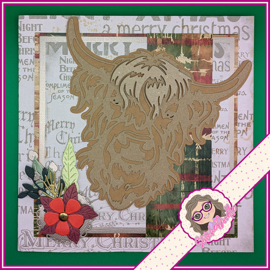 Highland Cow Handmade Christmas Card with embellishments - Large 7" x 7" card and envelope (hc03)