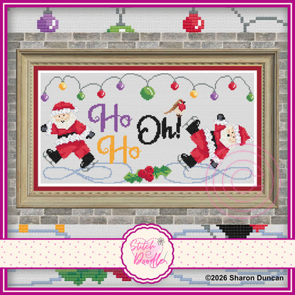 Comical image of Santa claus ice skating then taking a tumble with the words Ho Ho Oh!.  A little robin sitting on top of the Oh 