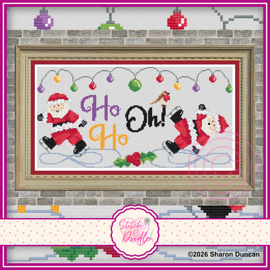 Comical image of Santa claus ice skating then taking a tumble with the words Ho Ho Oh!.  A little robin sitting on top of the Oh 