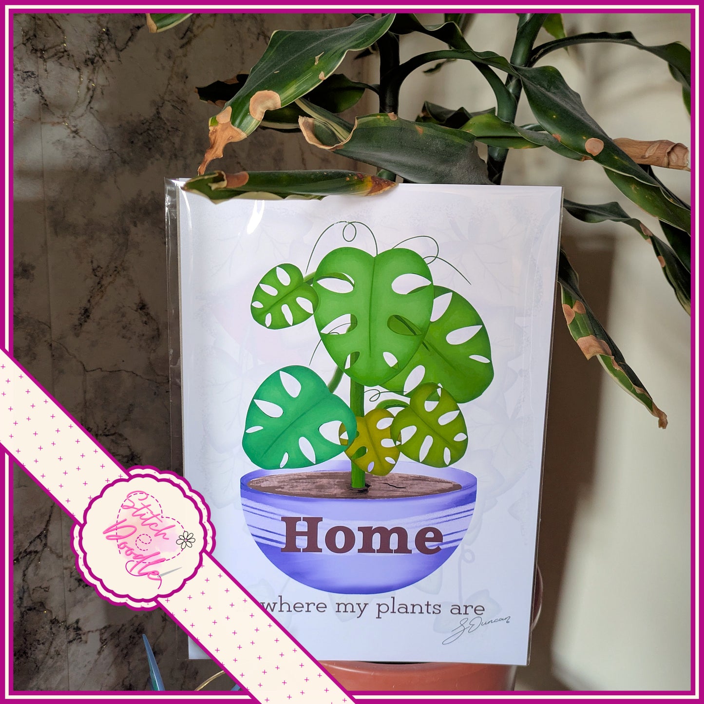 Houseplant Art Print - Chees plant - Home is where my plants are - Vibrant Colours