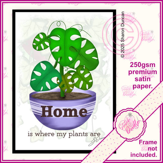 Houseplant Art Print - Chees plant - Home is where my plants are - Vibrant Colours