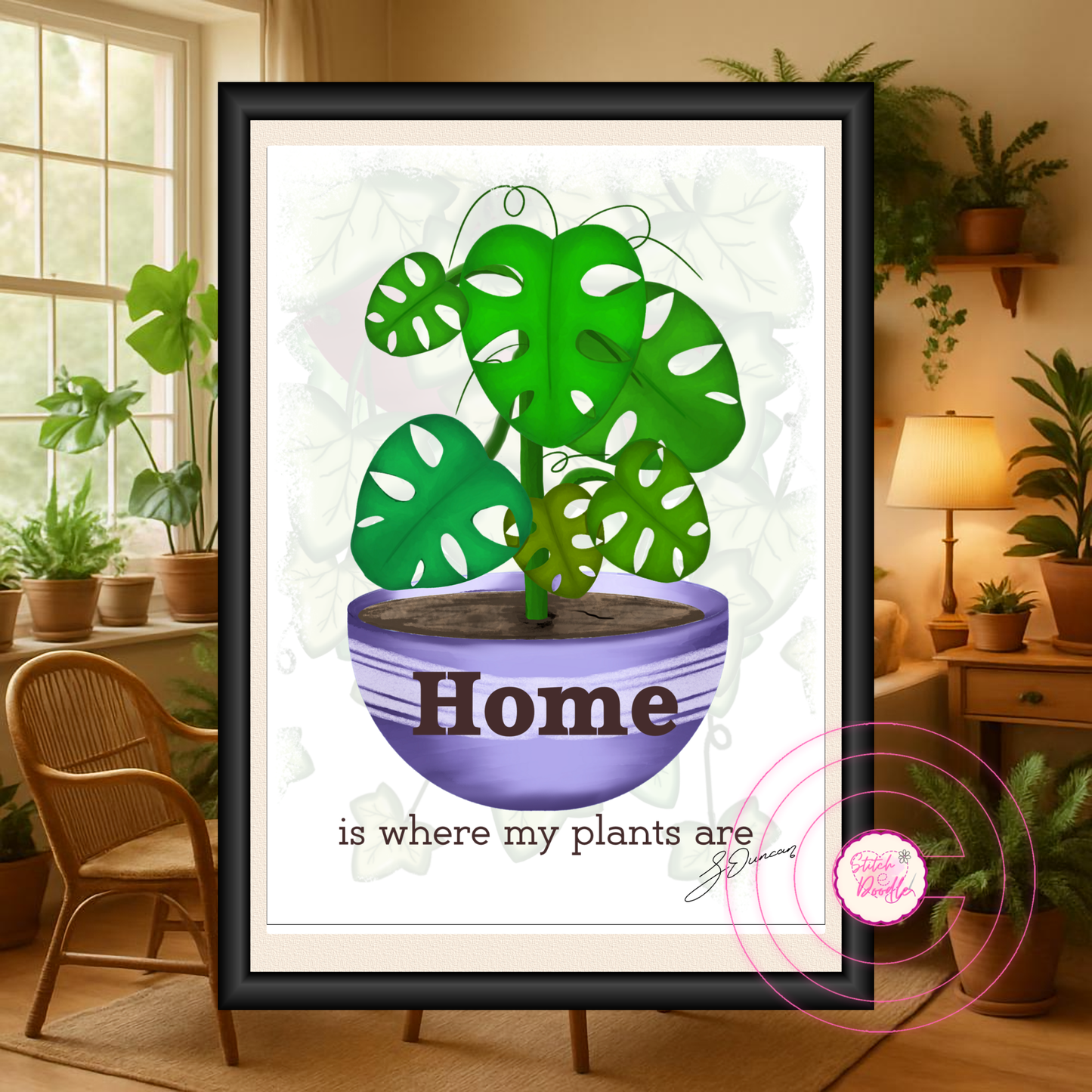 Houseplant Art Print - Chees plant - Home is where my plants are - Vibrant Colours