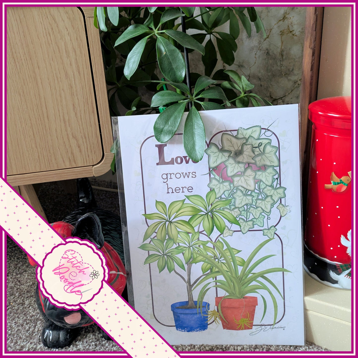 Houseplant Art Print - Ivy, Umbrella, Spider plants - Love Grows Here - Vibrant Colours