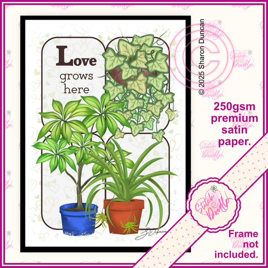 Houseplant Art Print - Ivy, Umbrella, Spider plants - Love Grows Here - Vibrant Colours