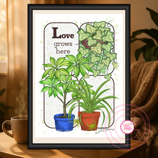 Houseplant Art Print - Ivy, Umbrella, Spider plants - Love Grows Here - Vibrant Colours