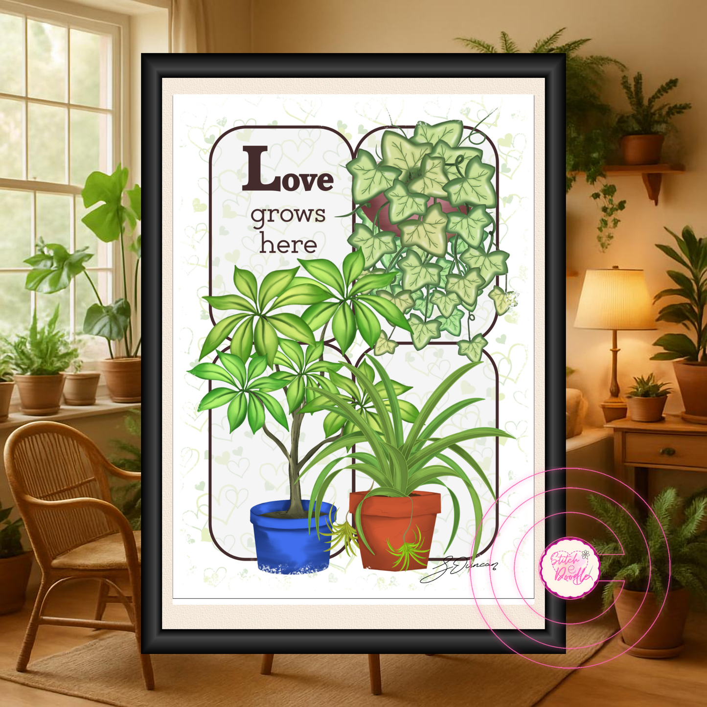 Houseplant Art Print - Ivy, Umbrella, Spider plants - Love Grows Here - Vibrant Colours