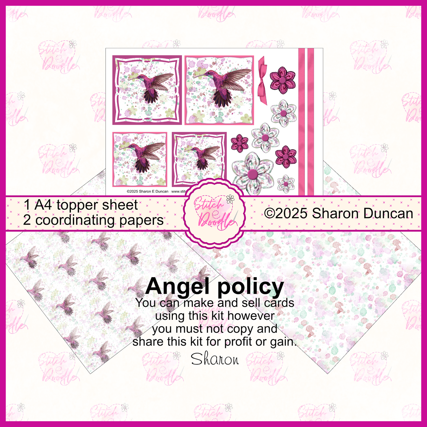 Paint splatter Hummingbird toppers and flowers.  Pink.  3 x A4 printable pages.  Digital Download.