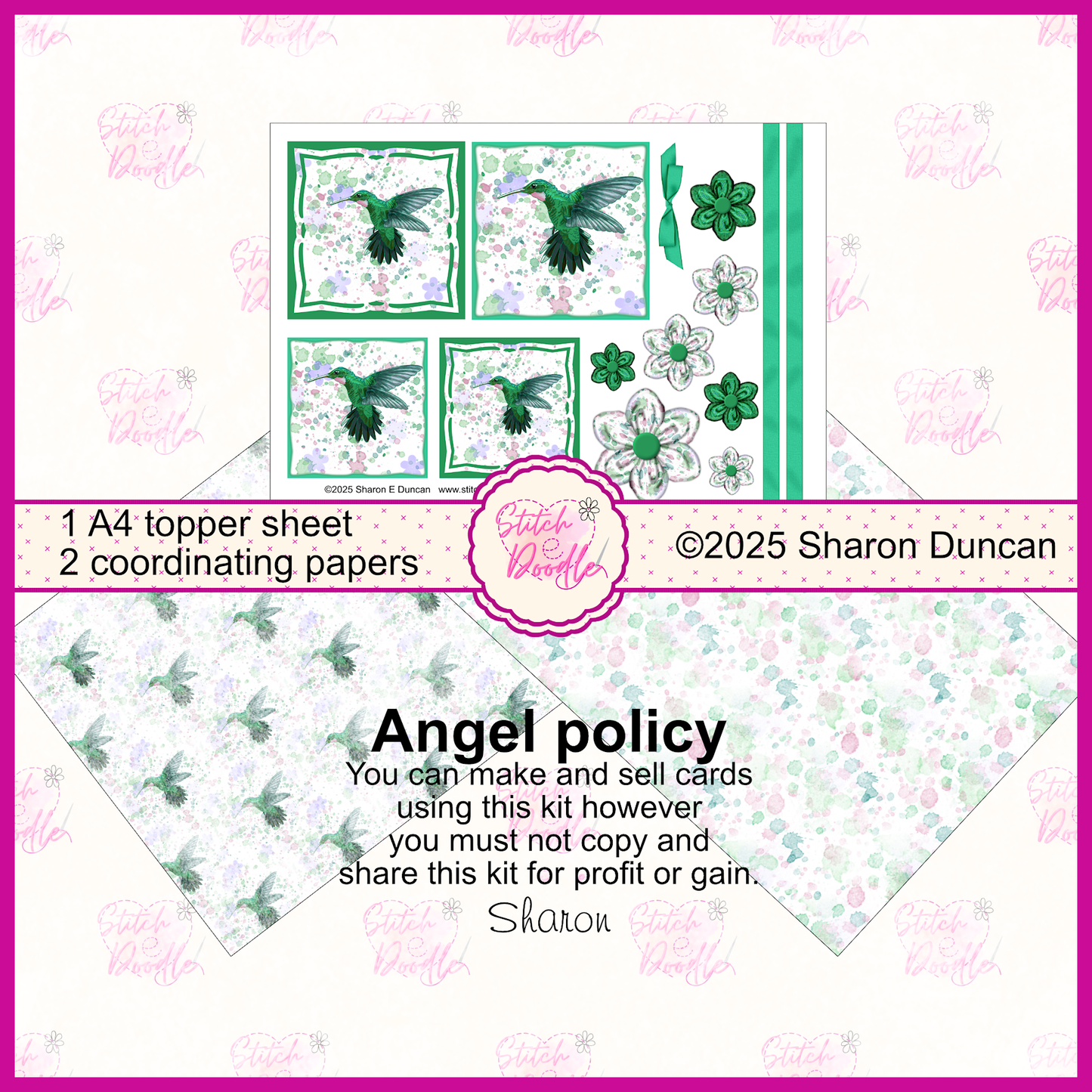 Paint splatter Hummingbird toppers and flowers.  Green.  3 x A4 printable pages.  Digital Download.