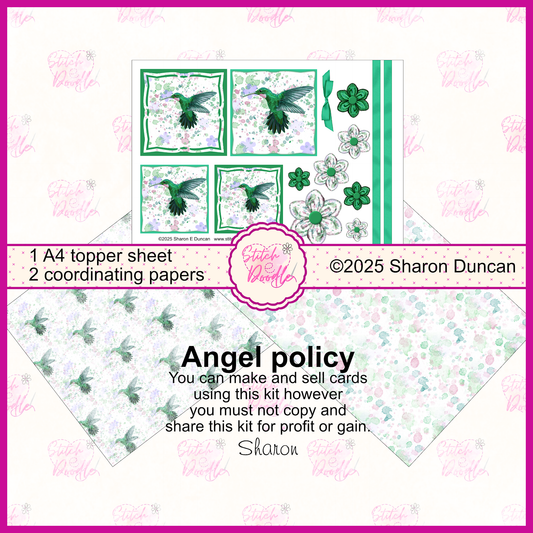 Paint splatter Hummingbird toppers and flowers.  Green.  3 x A4 printable pages.  Digital Download.