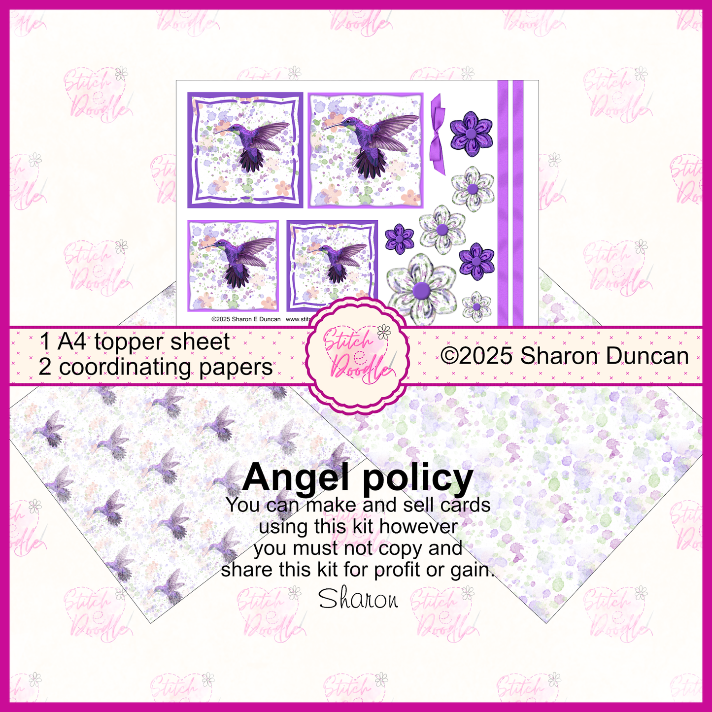 Paint splatter Hummingbird toppers and flowers.  Purple.  3 x A4 printable pages.  Digital Download.