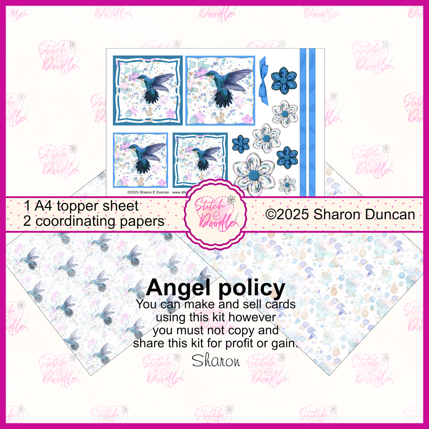 Paint splatter Hummingbird toppers and flowers.  Blue.  3 x A4 printable pages.  Digital Download.