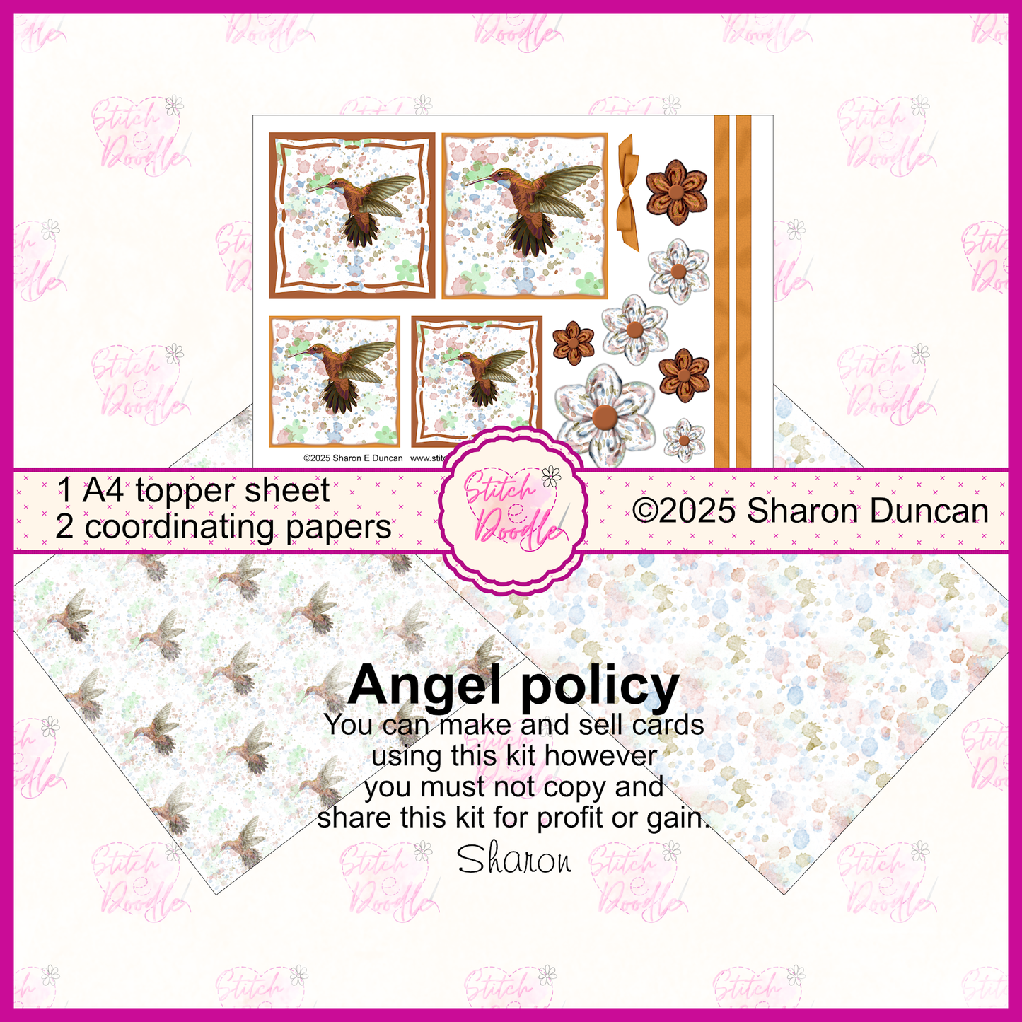 Paint splatter Hummingbird toppers and flowers.  Tan.  3 x A4 printable pages.  Digital Download.