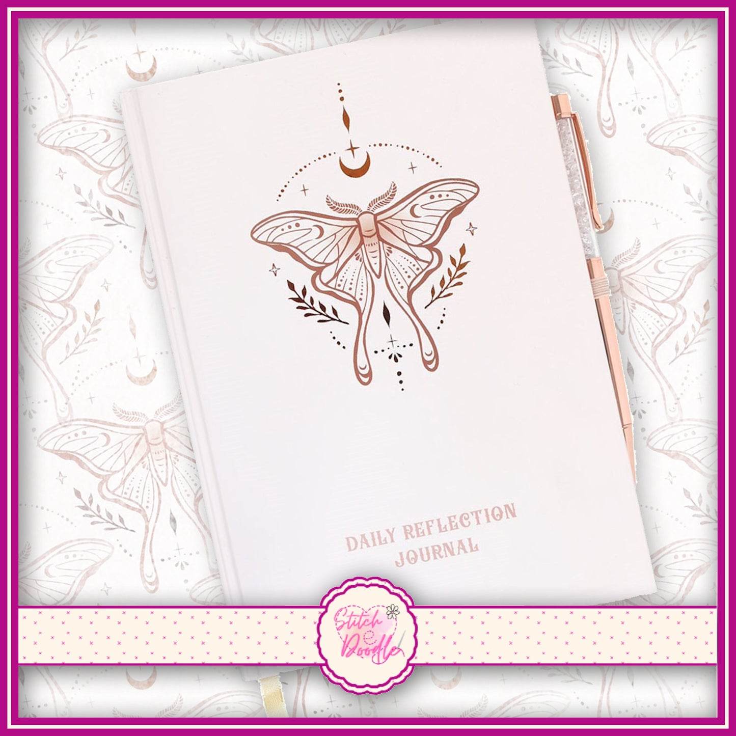 A5 Crystal Journal - Luna Moth Daily Reflection Journal with Clear Quartz Pen