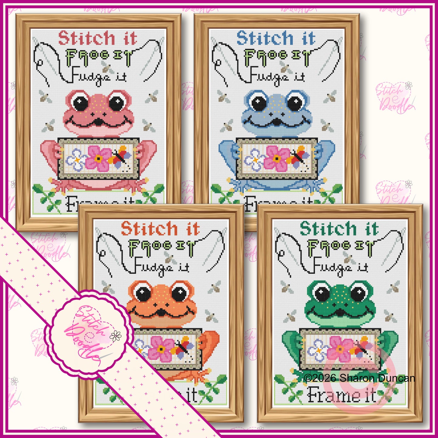 Frog it Fudge it - Comical cross stitch chart - PDF and Patternkeeper - 4 colourways included