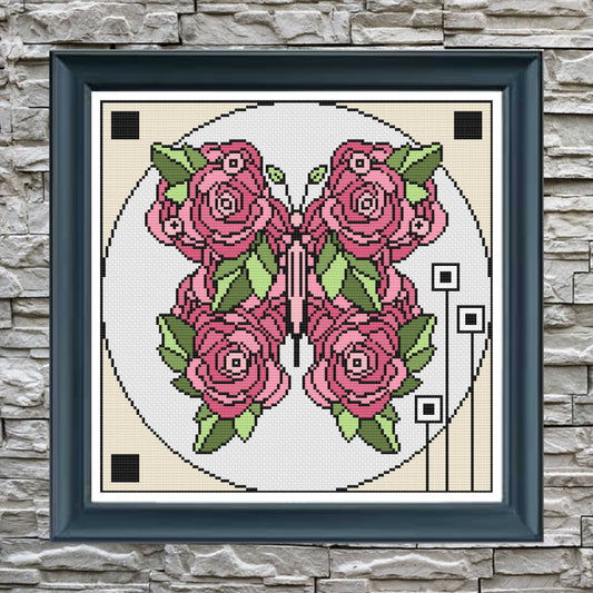 Cross Stitch Chart - Nouveau Rose Butterfly - Digital Download