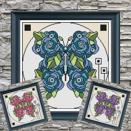 Cross Stitch Chart - Nouveau Rose Butterfly - Digital Download