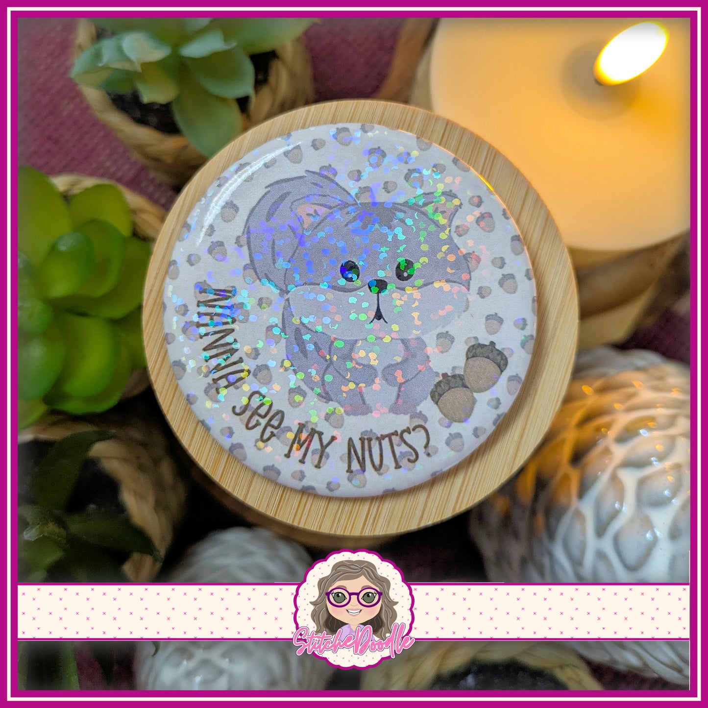 6 Nutty Nook 58mm Pin Badges, Holographic Button Badge Collection