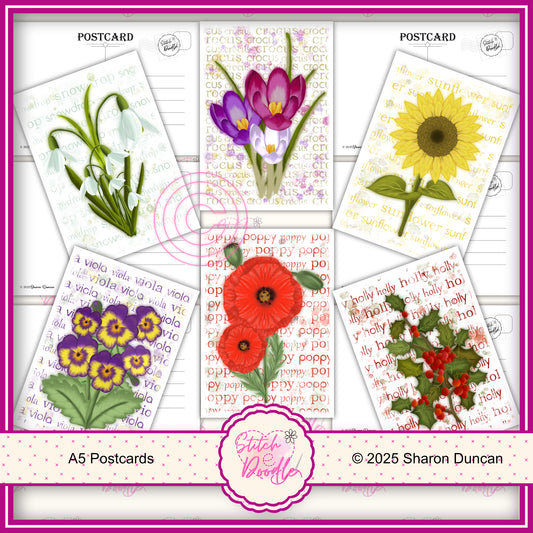 A5 Art Print/Postcard 6 Piece Collection - Pretty Paintbox Petals Set 1