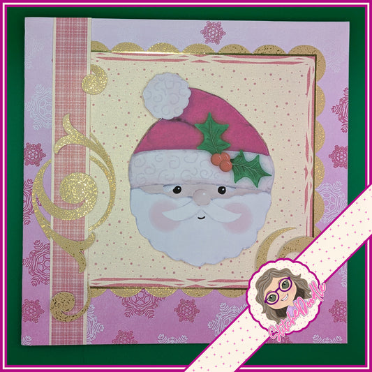 Pink Santa with Holly Handmade Christmas Card with embellishments - Large 7" x 7" card and envelope