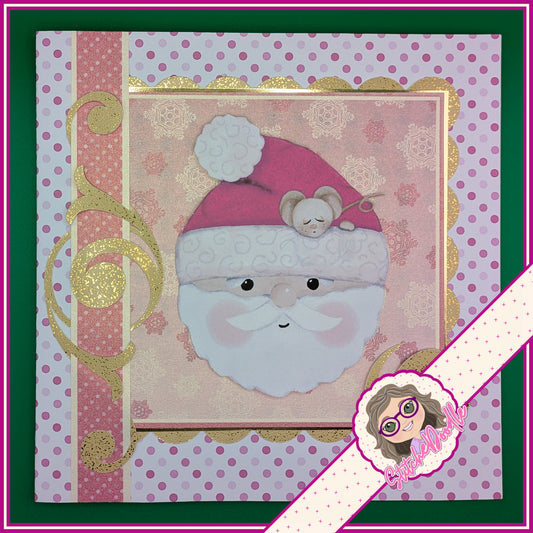 Pink Santa with Wee Mouse Handmade Christmas Card with embellishments - Large 7" x 7" card and envelope