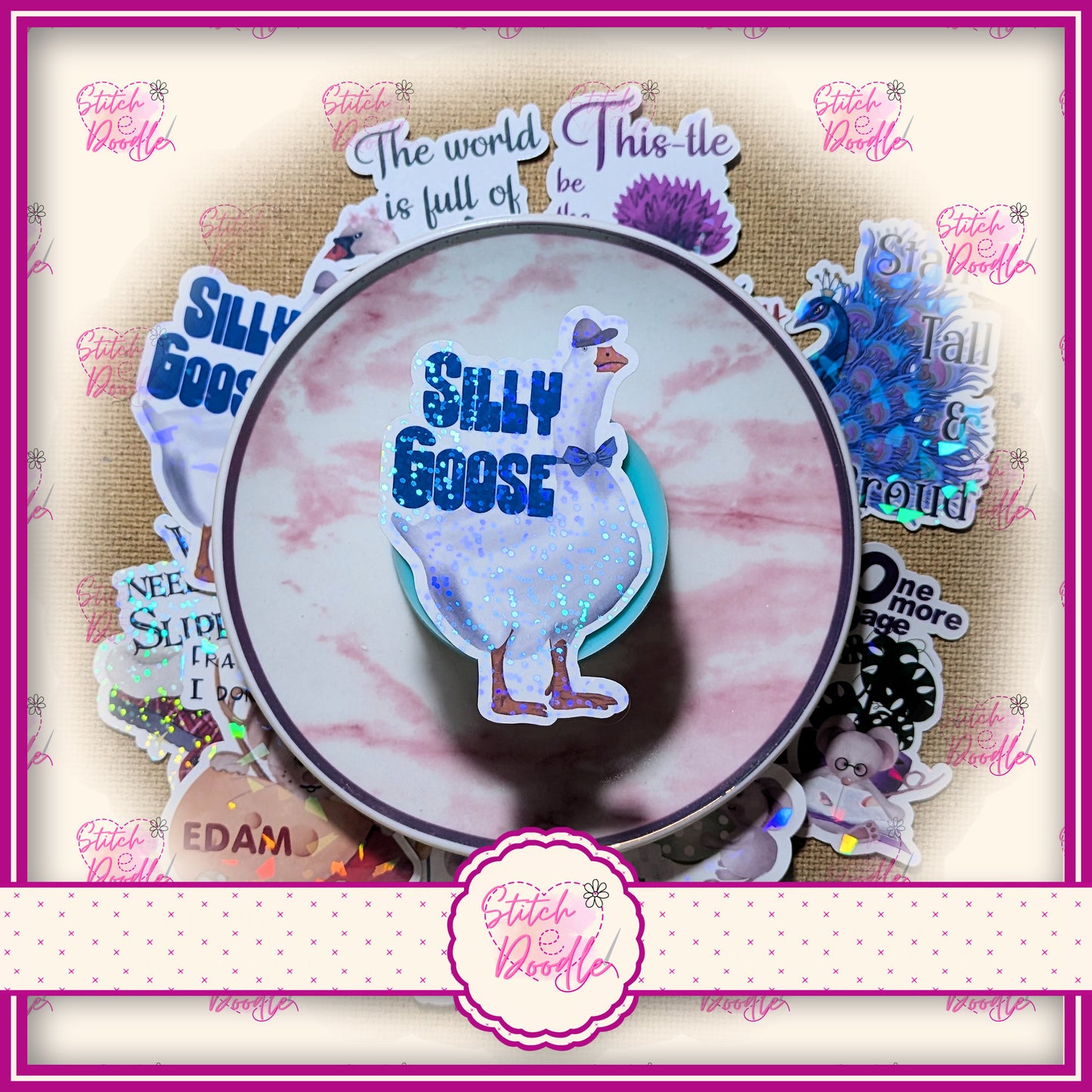 1 x Whimsical XL sticker.  'Silly Goose'  Strong and durable with holographic finish.