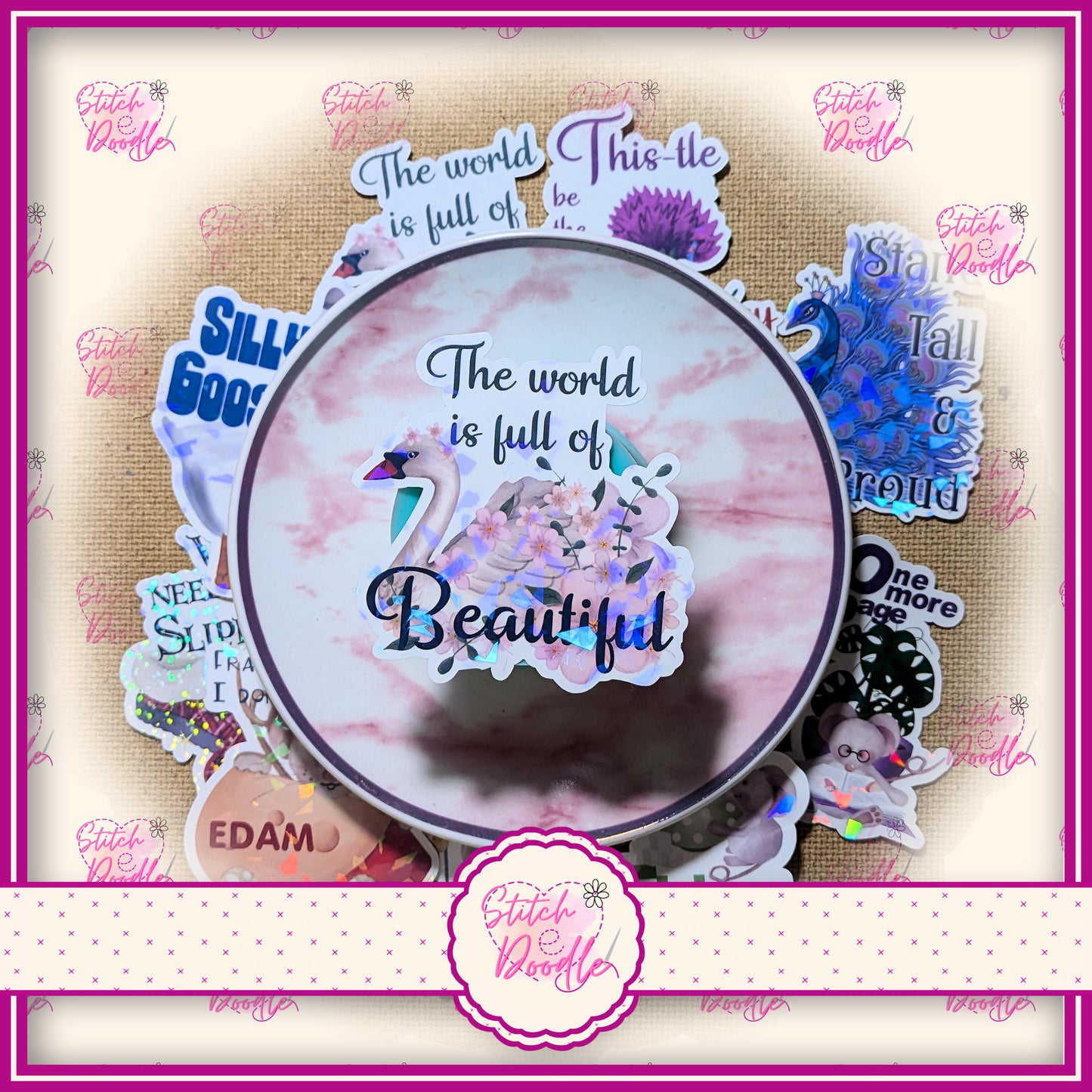 1 x Whimsical XL sticker.  'The world is full of beautiful'  Strong and durable with holographic finish.