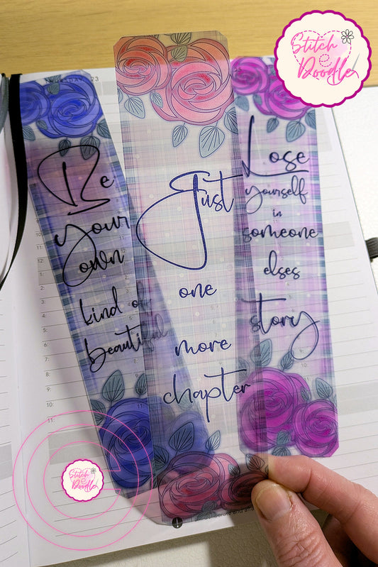 Set of 3 Transparent Bookmarks.  Nouveau Rose with quotes.