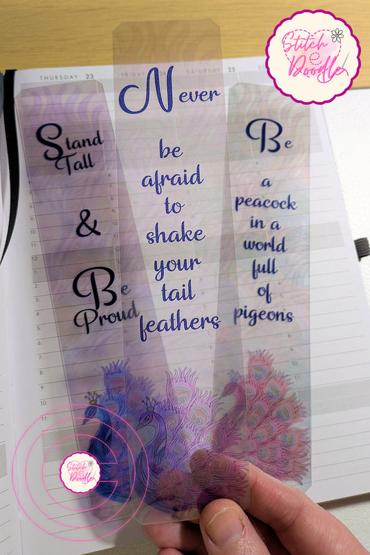 Set of 3 Transparent Bookmarks.  Elegant peacock with quotes.