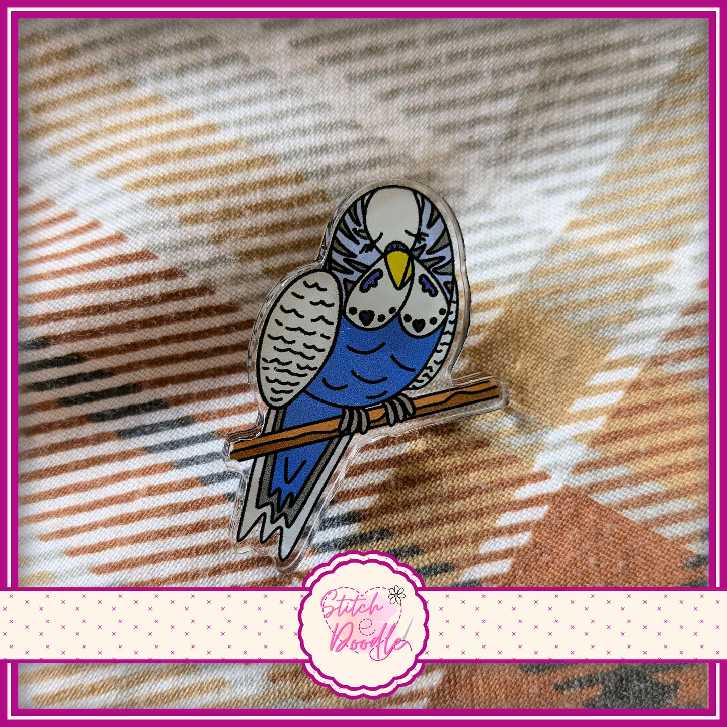 Blue Budgie Collectable Acrylic Pin - Adorn sweaters, scarves, bags and more