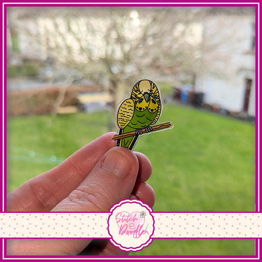 Green Budgie Collectable Acrylic Pin - Adorn sweaters, scarves, bags and more