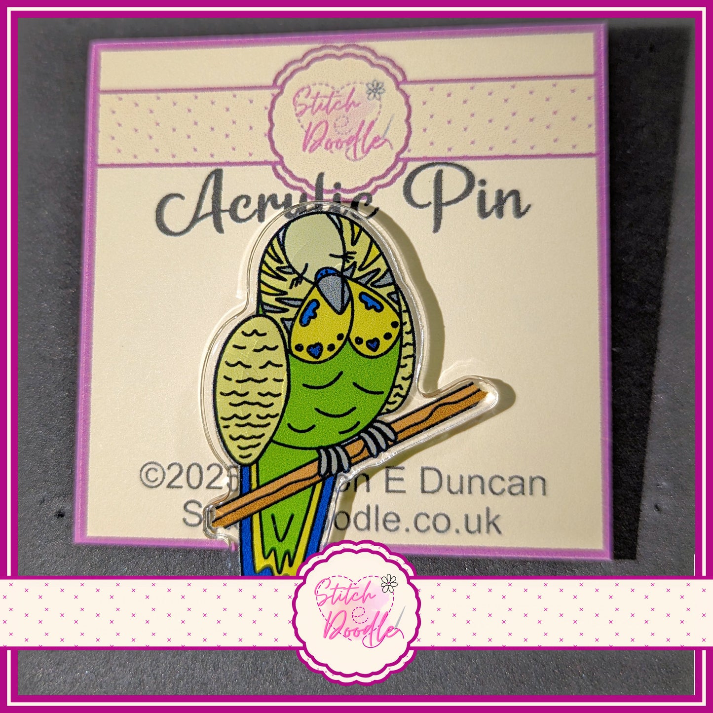 Green Budgie Collectible Acrylic Pin.